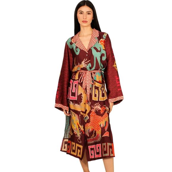 Me 369 Women's Size Small Gwen Belted Dragon Midi Dress Button Down Long Sleeve - Picture 1 of 7